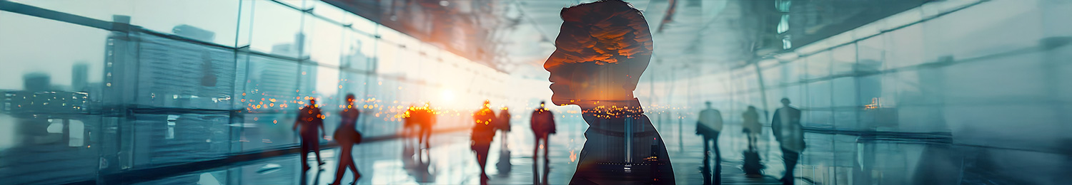 Header Homme dans un couloir, en arrière plan des ombre qui marche